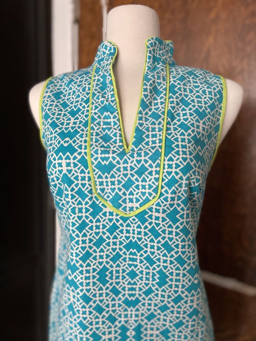 ELIZA J Blue/White Sleeveless Retro V-Neck Cotton Shift Dress sz 8